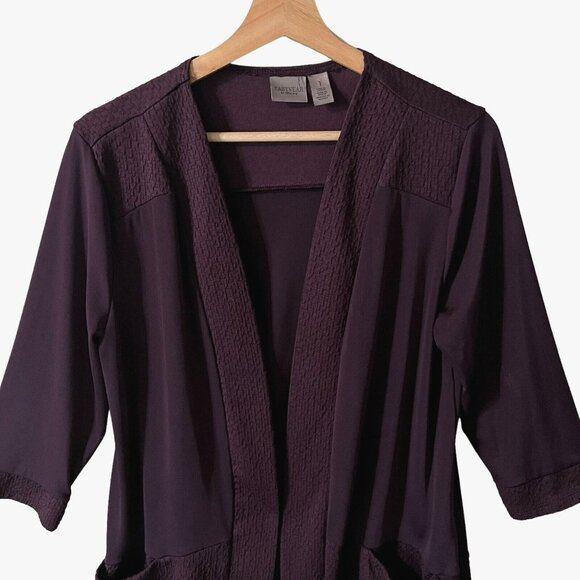 Chicos Easywear Cardigan Size 1 Medium Eggplant Purple Liquid Knit Open Front - Picture 2 of 7